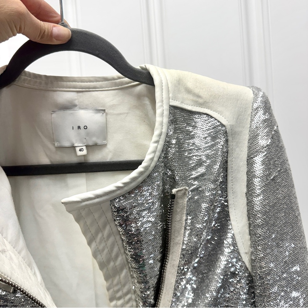 IRO Paris Silver Sequin "Hadley" Moto Blazer with White Leather - Picture 16 of 16